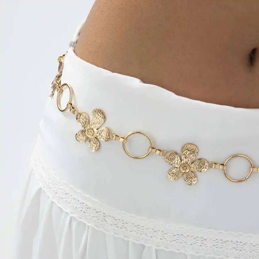 IngeSight.Z Exquisite Metal Large Flower Bikini Belly Waist Chain Women Fashion Summer Sexy Beach Party Belt Dress Body Jewelry H260228