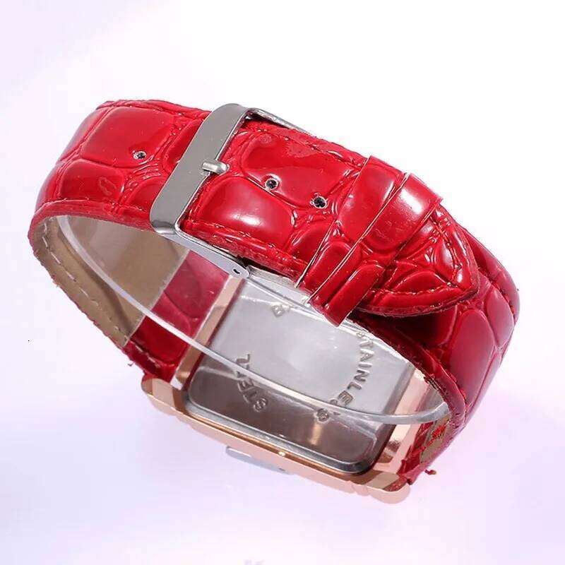 Fashion Women es Metal Rose Gold Square Ladies Quartz Wrist Rectangle Red Leather Female Clock H260228