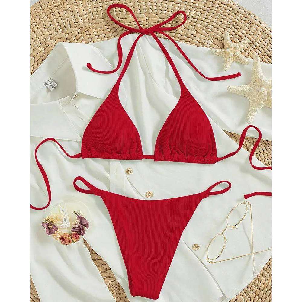 Bathing Suit Women Sexy Solid Halter Swimsuit Special Stripe Fabric Bikini Set Drawstring Lace Up Two-piece Split Beach Biquini Z260301