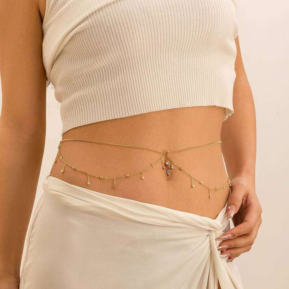IngeSight.Z Simple Gold Color Stainless Steel Waist for Women Classic Zircon Pendant Sexy Double Layer Body Chain Jewelry H260228
