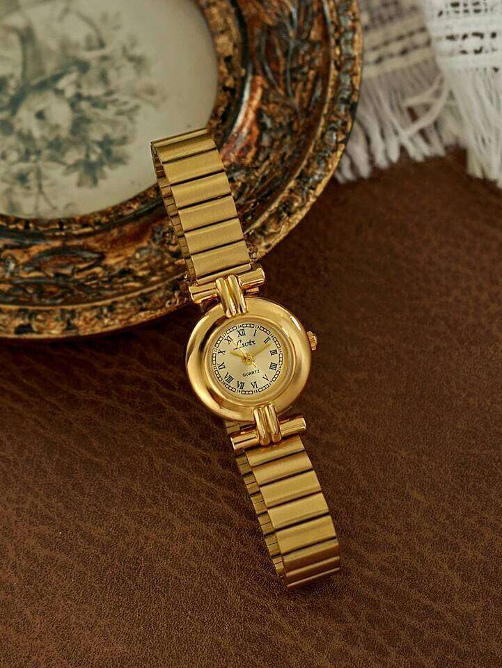 1 Piece of French Retro Gold Small Fashionable, Elegant, Exquisite, Compact Waterproof Quartz , Suitable for Daily Wear, Dinner and Other Occasions, H