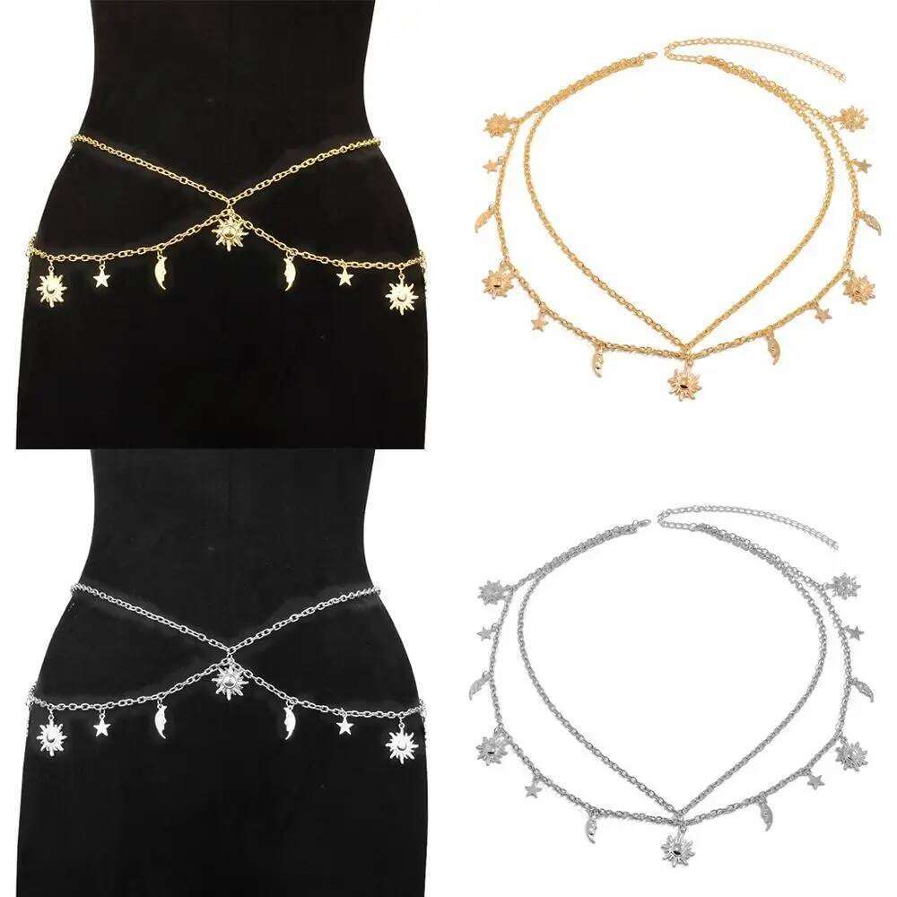 All-match Sun Moon Stars Tassels Punk Waist Vintage Retro Double-deck Chain Belt Hip Hop Dress Cummerbands For Women H260228