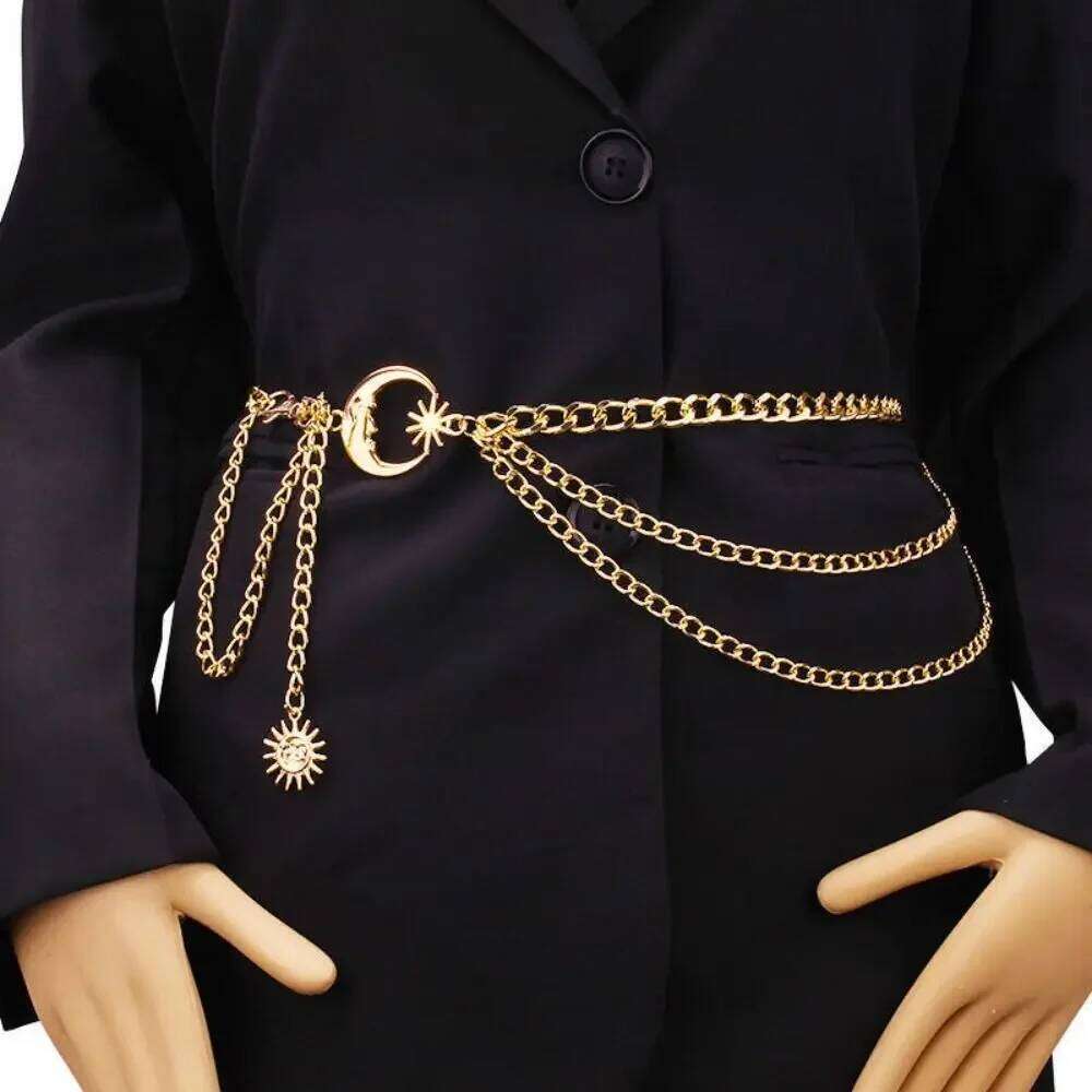 Ladies Vintage Punk Waist Chain Gold Silver Metal Sun Moon Star Waistbands Hip Hop Dress Cummerbands H260228