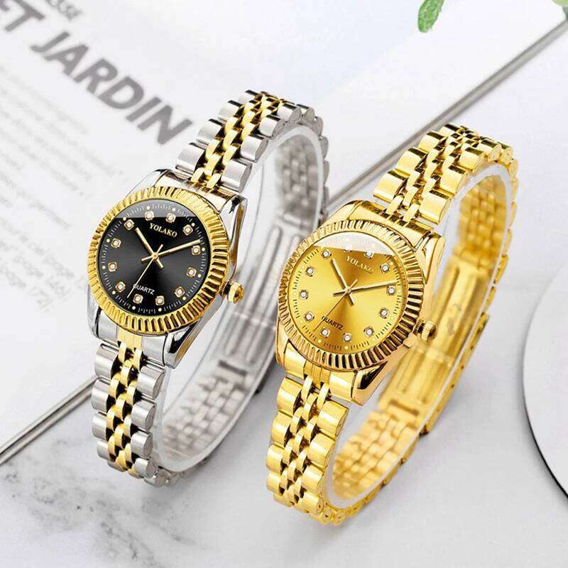 es for Women Simple Casual Student Fashion Quartz Diamond-Encrusted Steel Band Calendar Gold Set Men's Couple H260228