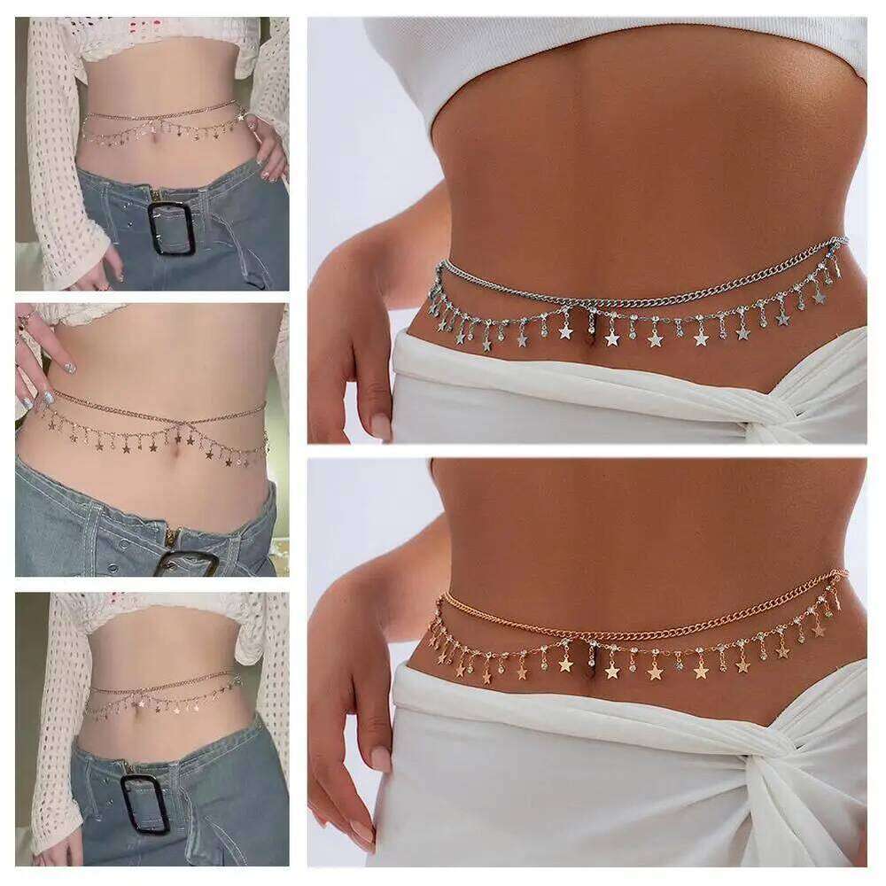 Sexy Rhinestone Star Tassel Pendant Waist Belly Belt Chain For Women Summer Bikini Rave Body Jewelry Y2K Accessories H260228