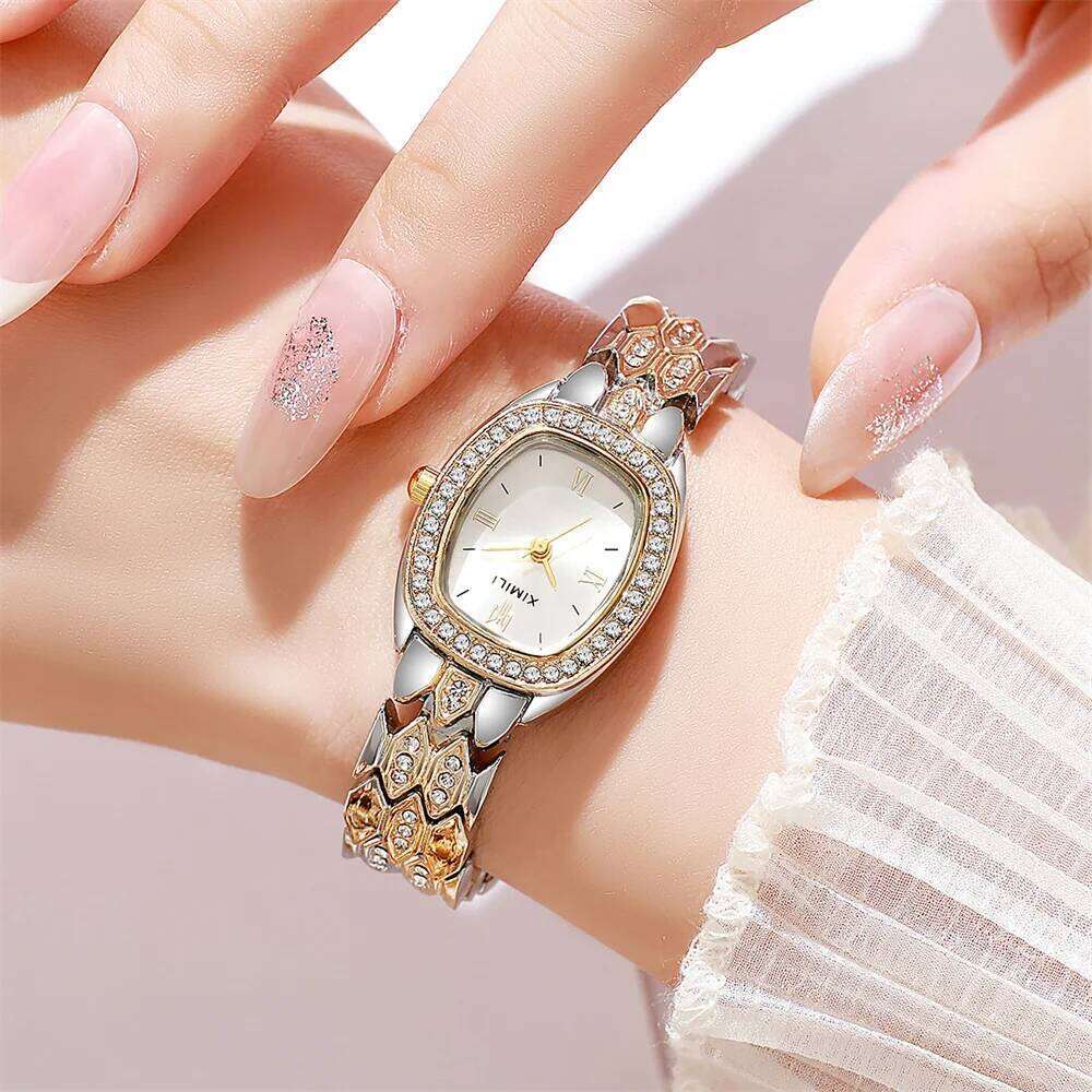 Fashion Quartz Women's Wine barrel Rome Digital Display Casual golden Strap Simple Wrist for Ladies H260228