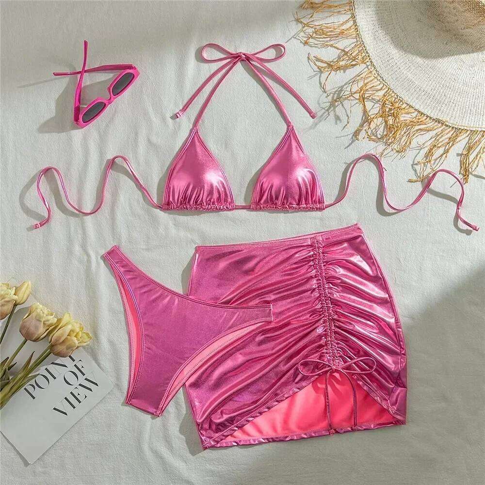 Gold Micro Thong String 3 Piece Bikini Set Damen Halter Swimwear Skirts Cover Ups Sexy Swimsuit Women 2026 Bathing Suit Bikinis Z260301