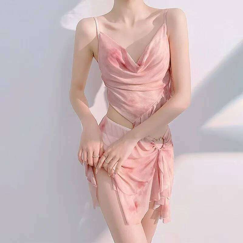 Sexy Bikini Swimwear Women's Three-Piece Set Long Dress Small Chest Gathered Steel Supportive Summer Vacation Beachwear Z260301