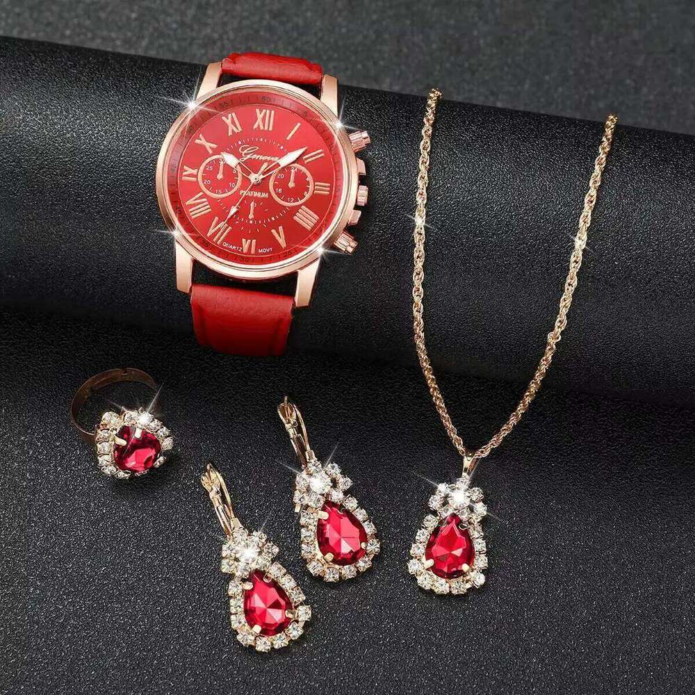 5PCS/Set Fashion Roma Dial Women Quartz Casual Leather Strap Wristes Rhinestone Jewelry Set Reloj MujerWithout Box H260228