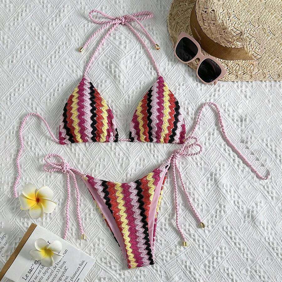 Para Praia Crochet Halter 2025 Knitted Bikini Swimwear Sexy Women Swimsuit Brazilian Biquini Bandage Bathing Suit Z260301