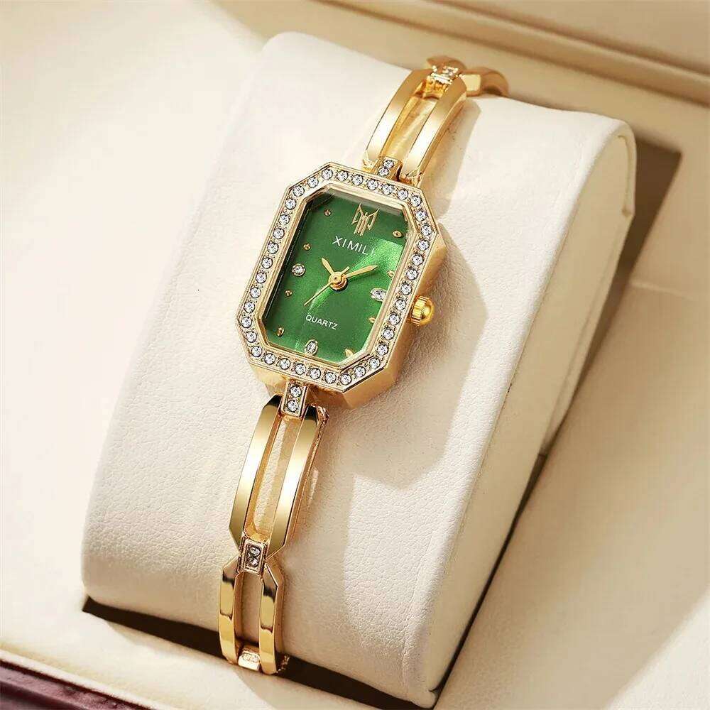 Rhinestone Women es Elegant Rectangle Stainless Steel Gold Ladies Quartz WristWithout Box H260228