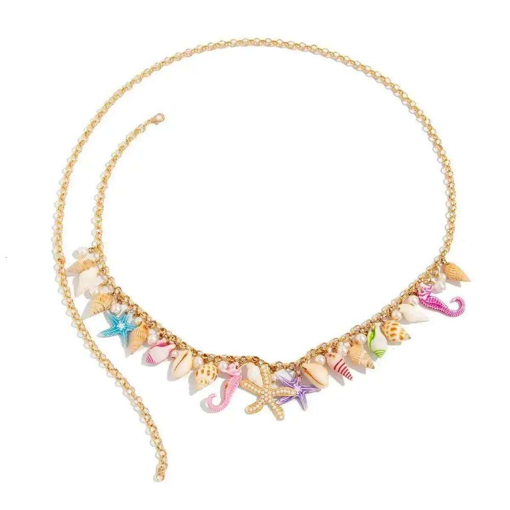 Salircon Boho Starfish Conch Colorful Waist Women Summer Beach Imitation Pearl Sexy Bikini Belly Body Chain Y2K Jewelry H260228