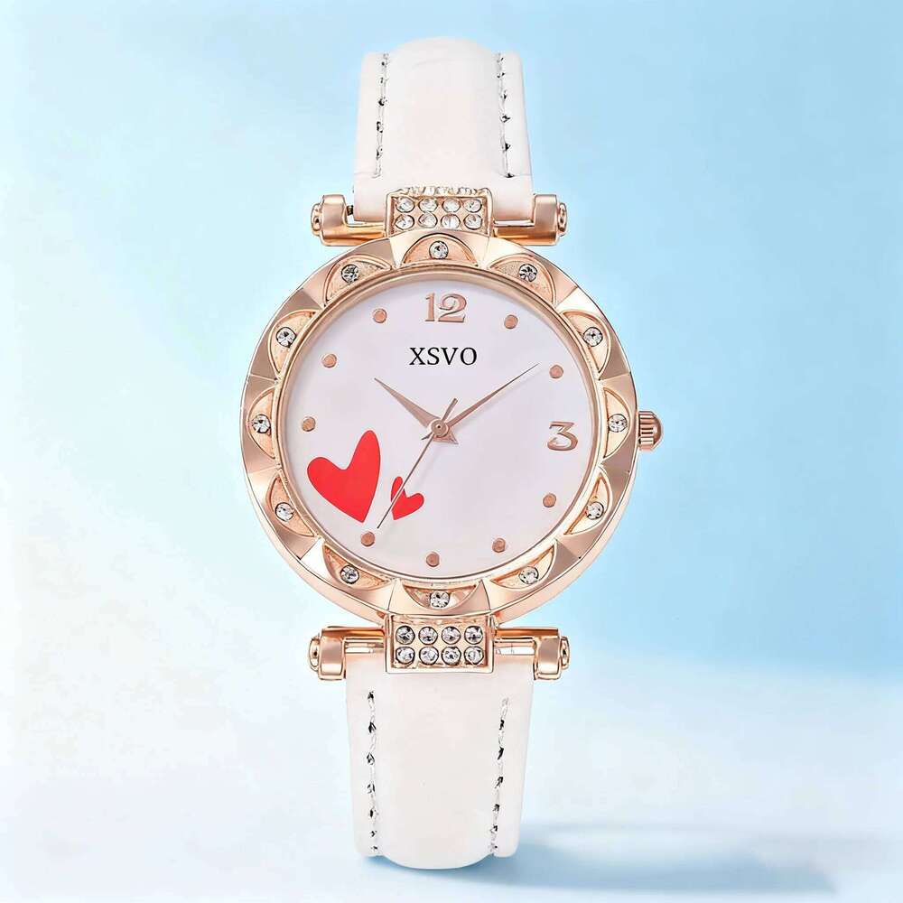 Women's Love 4-piece Belt Diamond Heart-shaped Dial Quartz Girl's Heart Student Christmas Gift H260228