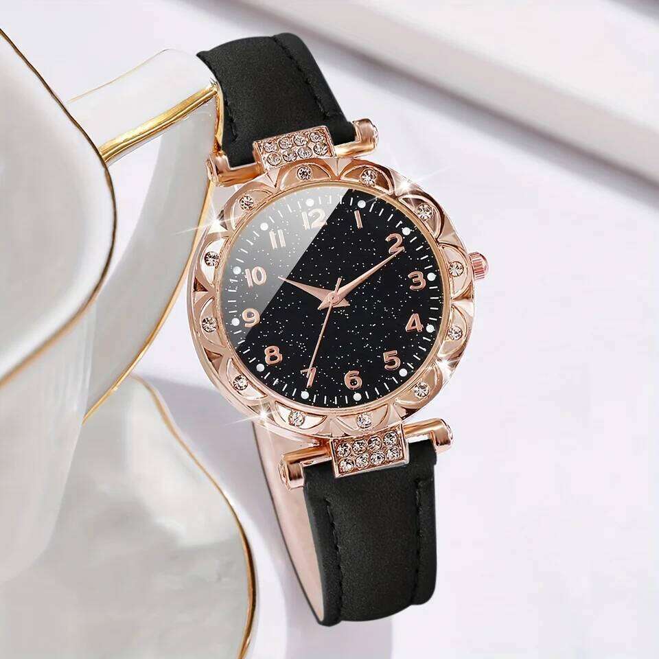 2PCS/Set Fashion Rhinestone Women's Quartz Analog PU Leather Band Wrist es Heart H260228