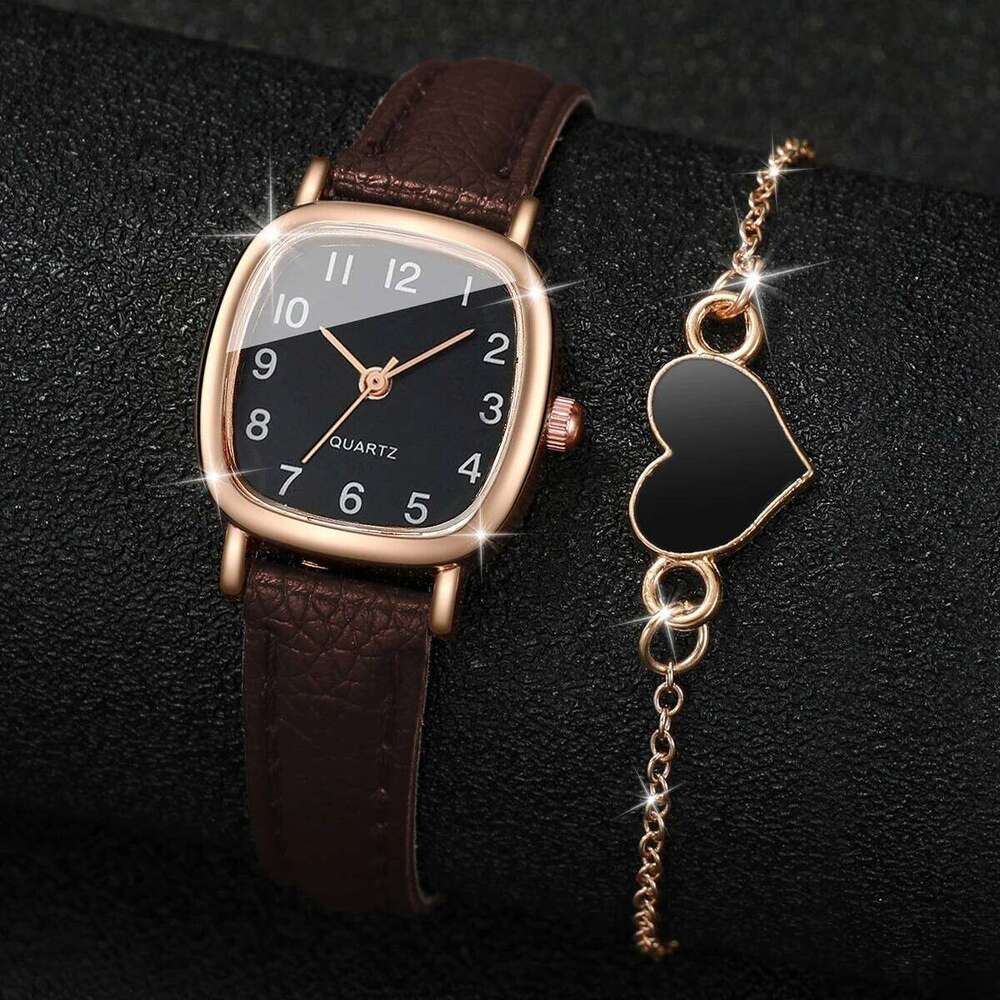 2PCS/Set Women's Fashion Square Arabic Quartz es Leather Band Wristes Set H260228