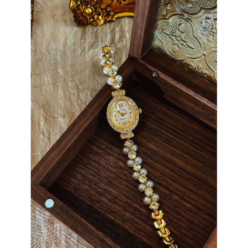 1 Brand New Luxurious Women with Pearl Rhinestone Inlays, Elegant Vintage Fashion, Oval Mother-Of-Pearl Dial, Suitable for Daily Wear, Parties, Vacati