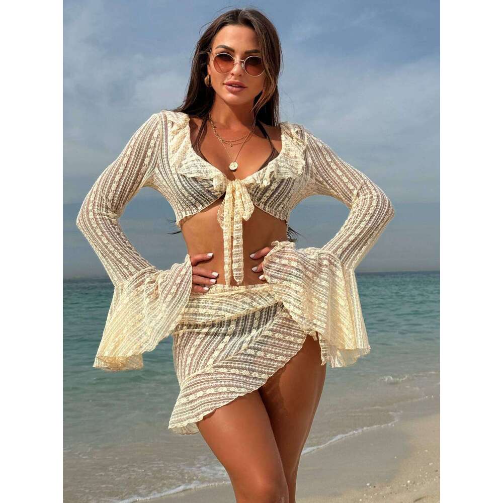 2025 New Sexy Lace Puff Four Pieces Bikini Sets Swimsuit For Women Long Sleeves Swimwear Female Bathing Suit Beachwear Z260301