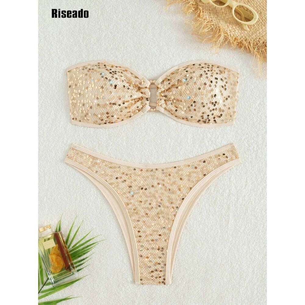 Women Sequins Shiny Bikini Bandeau Sexy String Two Pieces Swimsuit Female Thong Swimwear Z260301