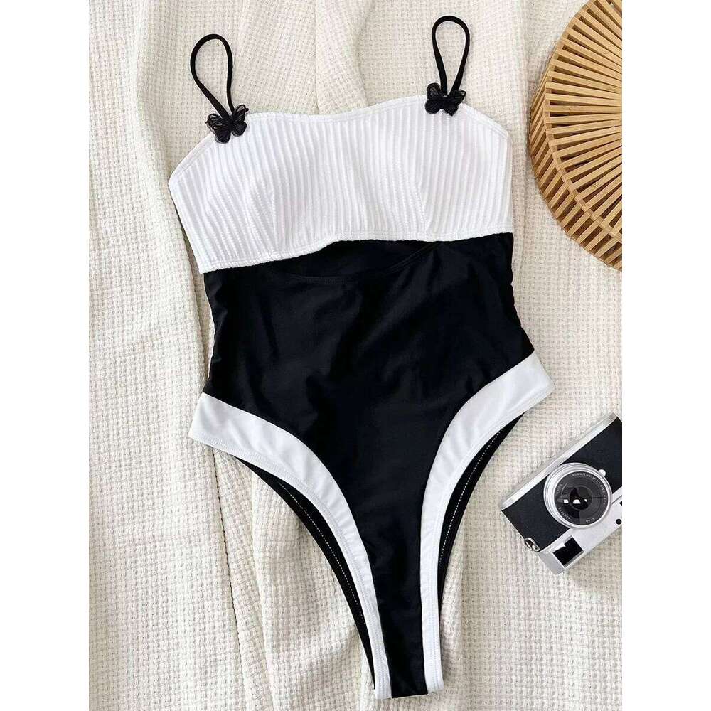 Sexy Splicing Wrinkled Women Swimwear One Piece Swimsuit Female High Cut Monokini Black Contrast Bathing Suit Swim Beach Wear Z260301