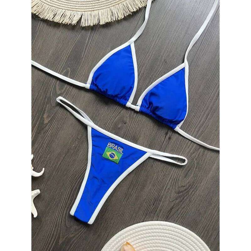 2026 Fashion Embroidery Brasil Flag Contrast Split Bikini Set Women Swimwear Patchwork Swimsuit Hottie Outfit SummerBeachwear Z260301