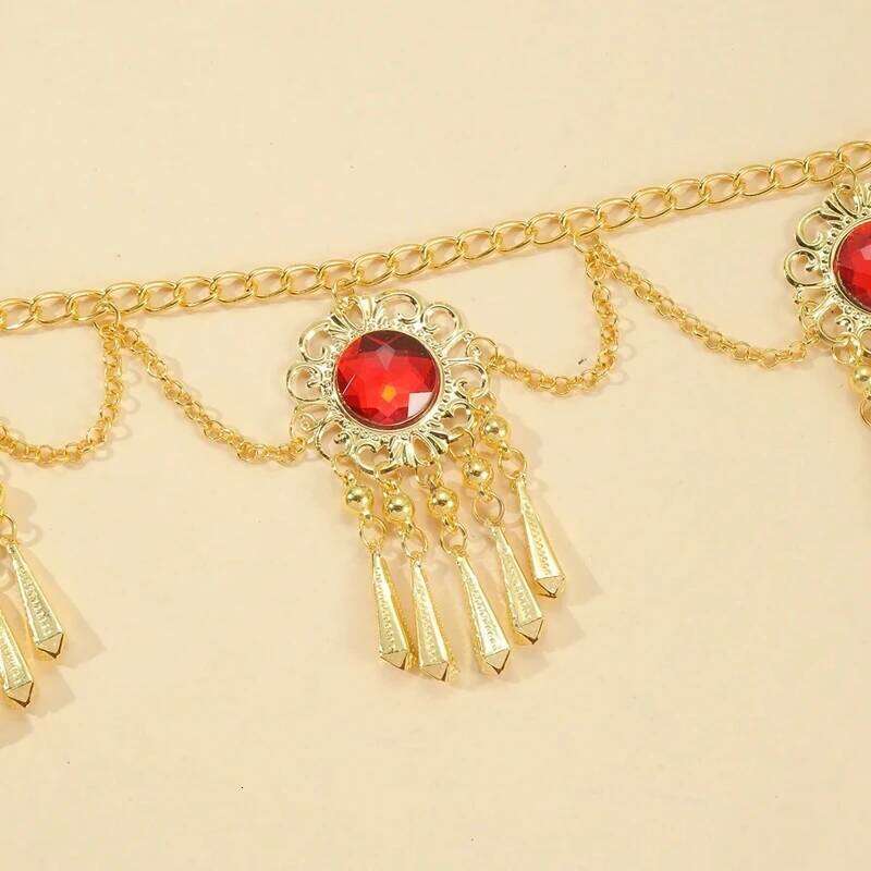 New Bohemian Waist Jewelry Metal Hollow Red Acrylic Gemstone Tassel Belly Chain Women's Dress Accessories H260228
