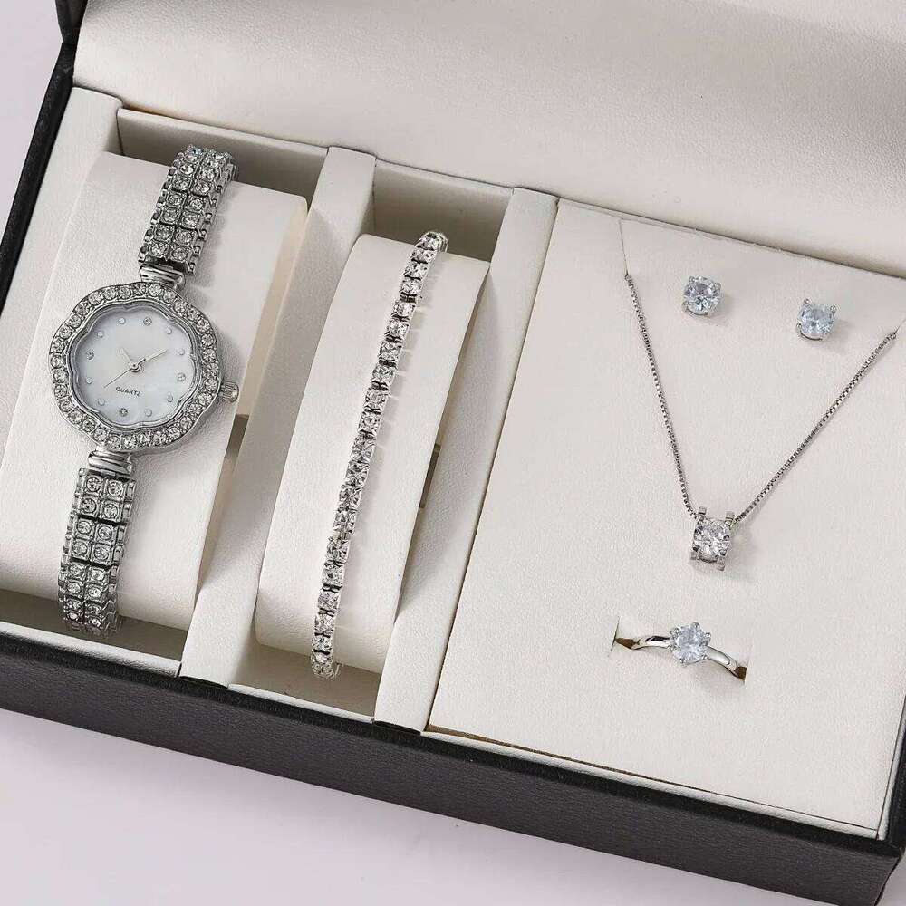 Women Quartz with Diamonds Simple Stainless Steel Strap Clock Ring Necklace Earrings Rhinestone Set Reloj no Box H260228
