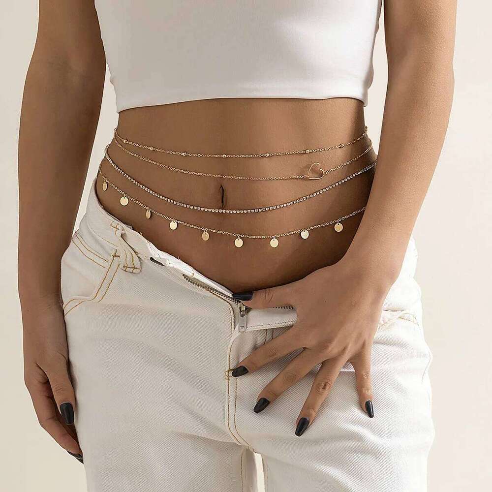 Boho Vintage Multilayer Crystal Shiny Waist Chain Women's Round Sequin Pendant Beads Heart Shape Beach Body With Fashion Jewelry H260228