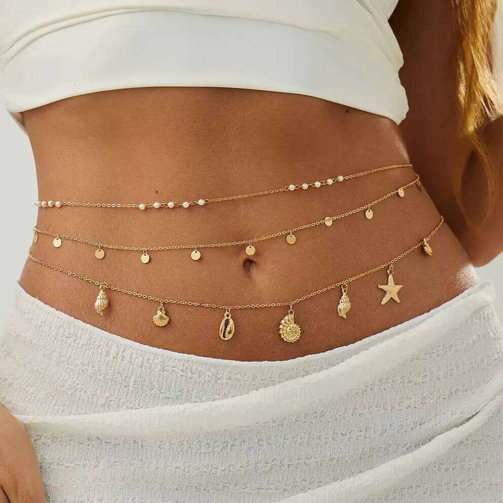 PuRui 3Pcs/Set Bohemia Beach Charm Bikini Belly Waist Chain Women Exquisite Starfish Conch Pendant Sexy Body Jewelry Accessories H260228