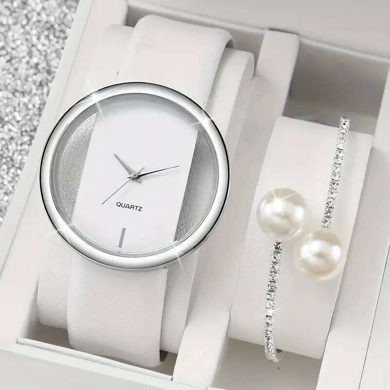 New 2pcs/set Women's Casual Hollow Out Quartz Analog PU Leather Wrist & Butterfly Set Gift H260228