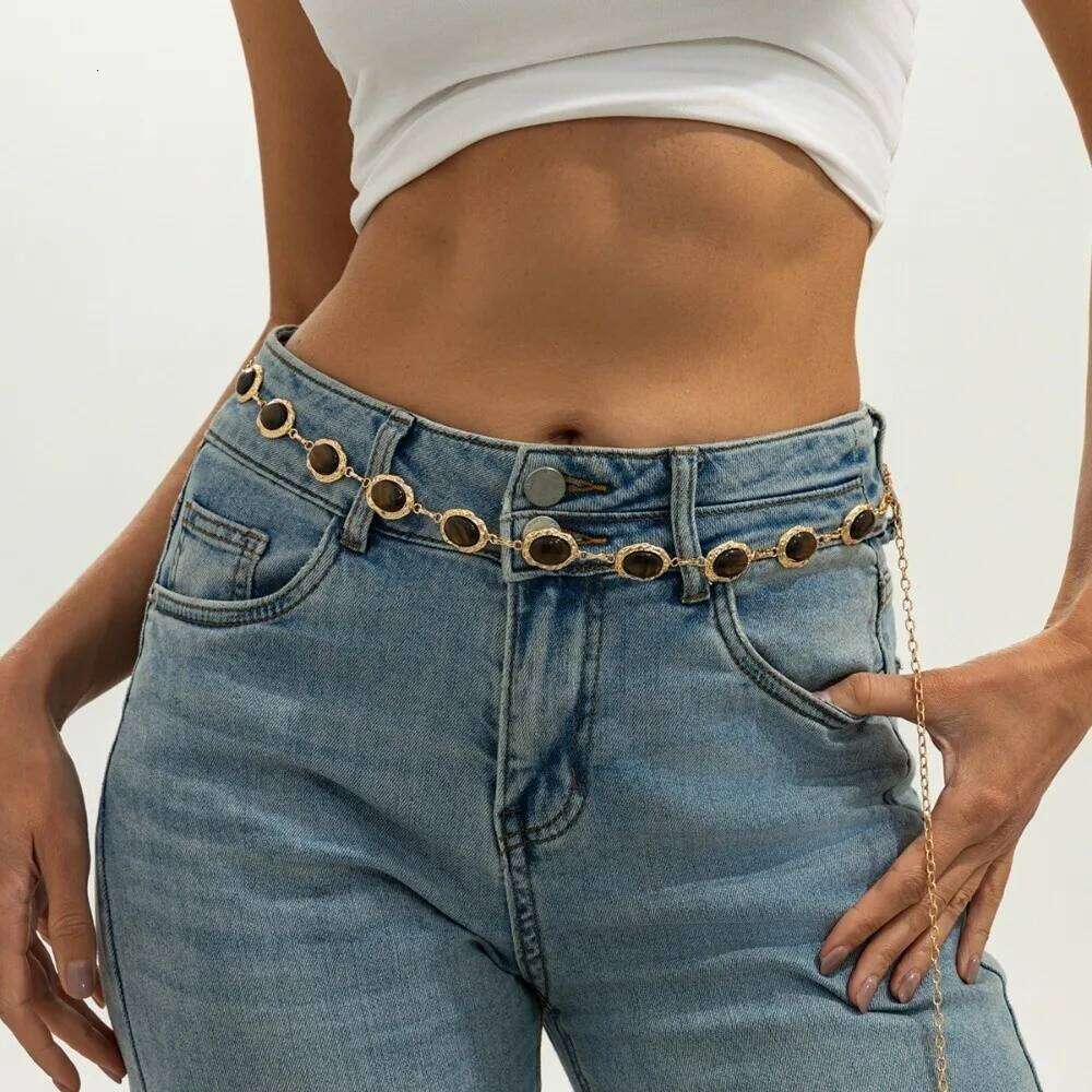 New Retro Resin Cat Eye Gemstone Metal Waist Adjustable Temperament Link Belt Body Chain For Women H260228