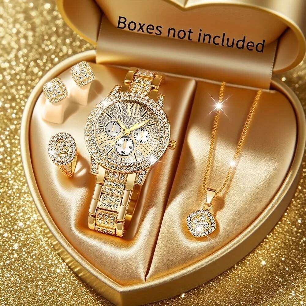 5PCS Elegant Women's Jewelry Set Fashion Rhinestone Ladies Quartz Wrist Reloj Mujer Girls Clock GiftWithout Box H260228