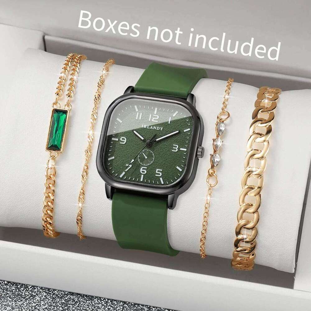 5PCS/Set Women Quartz Fashion Square Arabic Dial Ladies Casual Silicone Strap Wrist s Set Reloj Without Box H260228