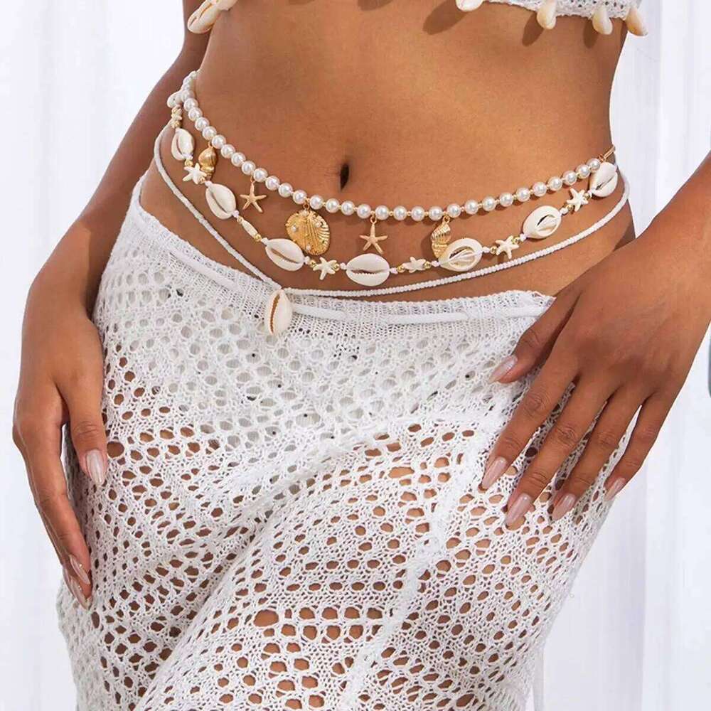 IngeSight.Z Fashion Boho Starfish Scallop Pendant Waist Chains Women Beach Sexy Bikini Imitation Pearl Body Chain Jewelry Gifts H260228