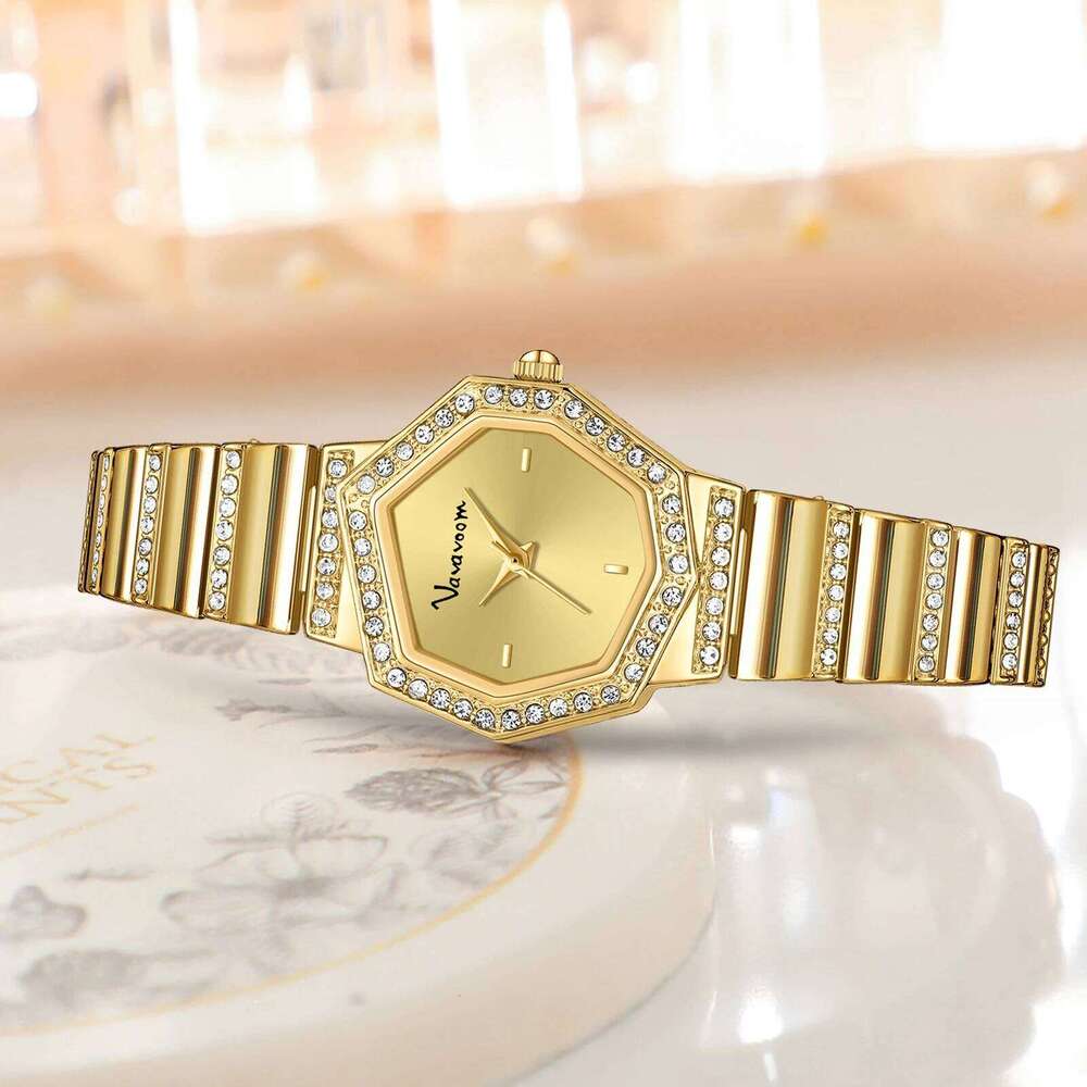2025 New Women VA VOOM Brand Original Fashion Polygon Gorgeous Rhinestone Gold Calendar Quartz Wrist montre femme H260228