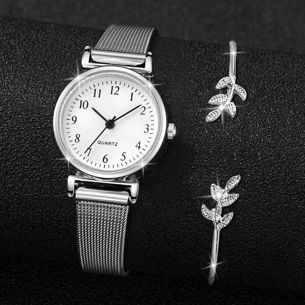 2PCs/Set Fashion Women's Casual Mesh Strap Round Dial Quartz with Leaf Shaped Box Not Include H260228