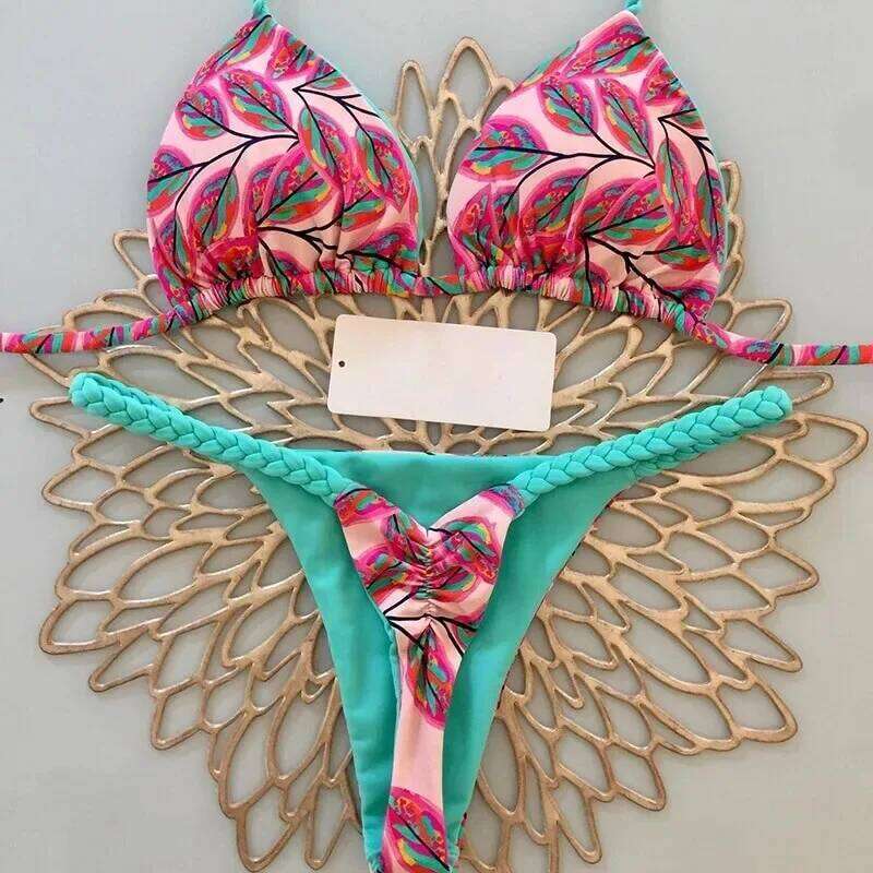 Brazilian Bikini Print Sexy Lace Swimsuit Beach Wading Sport Split Rope Triangle Bikinis Set Swimwear Women Z260301