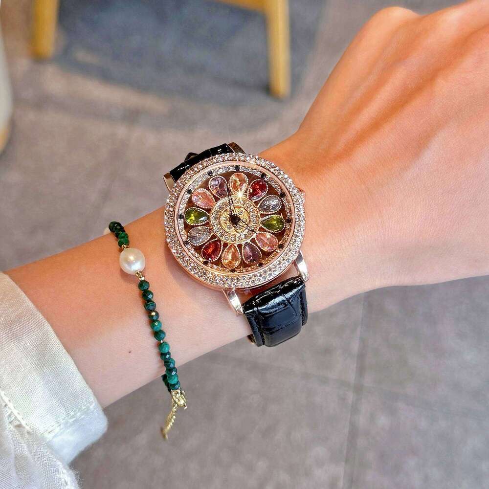 1pc Dazzling And Fashionable Women's Quartz With Colorful Rhinestone Inlay, Featuring An Alluring Rotatable Dial, Durable H260228