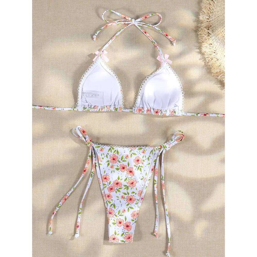 Pink Floral Print Bikini String Swimwear Triangle Swimsuit Halter Swimsuits Women Beach Suit Cute Beachwear Z260301