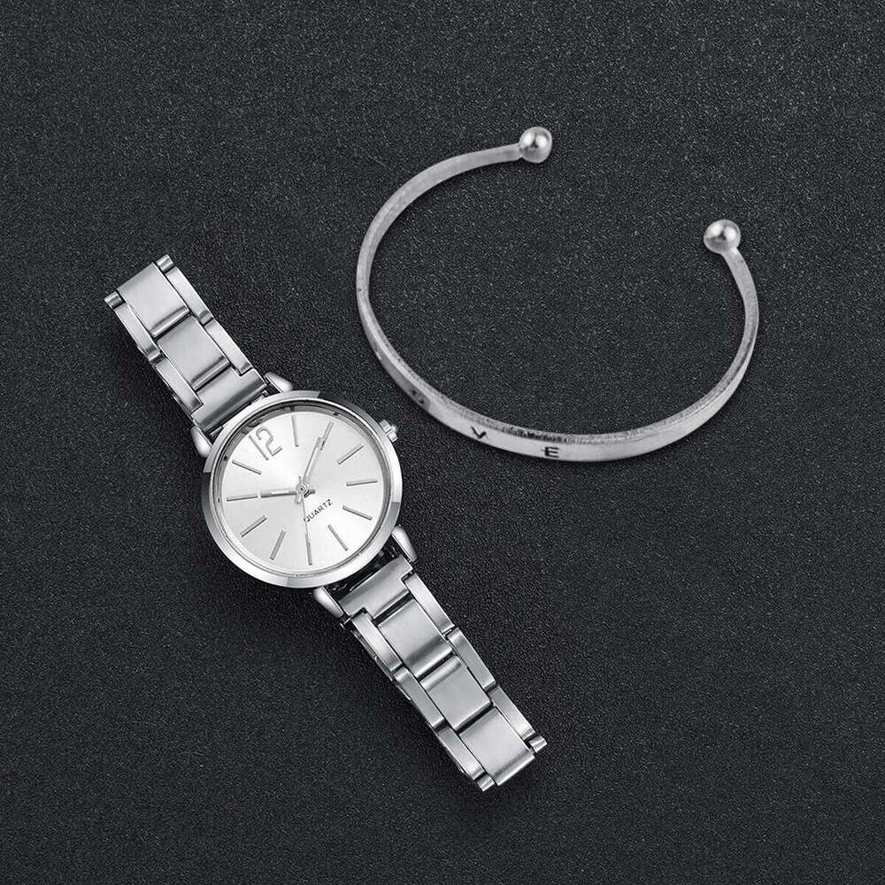 2PCS Women's Fashion Gold Steel Band Quartz Wrist Opening Cuff Set H260228