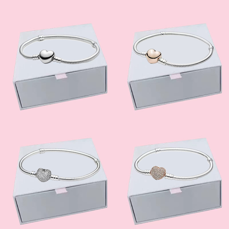 S925 Sterling Silver Bracelets Snake Chain Women Authentic CZ Diamond Pave Charms Bracelet Birthday Gift Christmas Jewelry BR024
