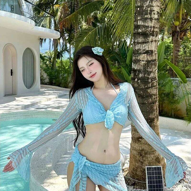 Sexy Four-piece Women Swimsuit Long-sleeve Cover-up Swimwear Summer Solid Bikini Set Brazilian Beachwear Party Bathing Suit Z260301