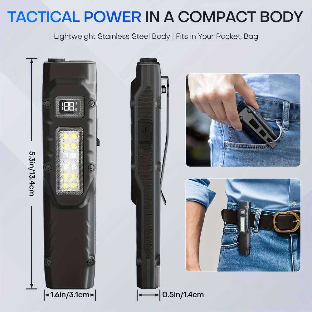 Rechargeable 1500 Lumen Flat Flashlights EDC Tactical Flashlight,Dual-Switches LED Small Flashlight with Digital Display,Stainle Z260301