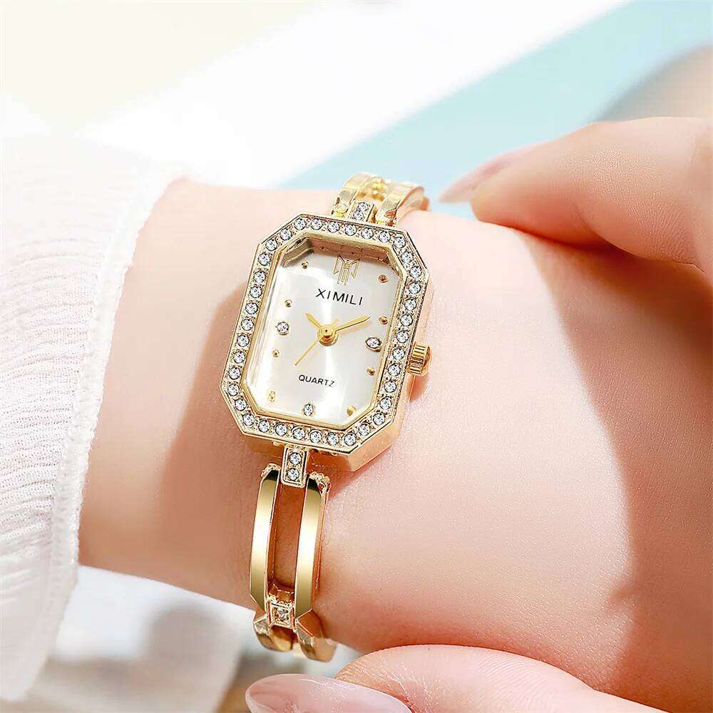Fashion Rhinestone Rectangle Women es Casual Stainless Steel Gold Ladies Quartz WristWithout Box H260228