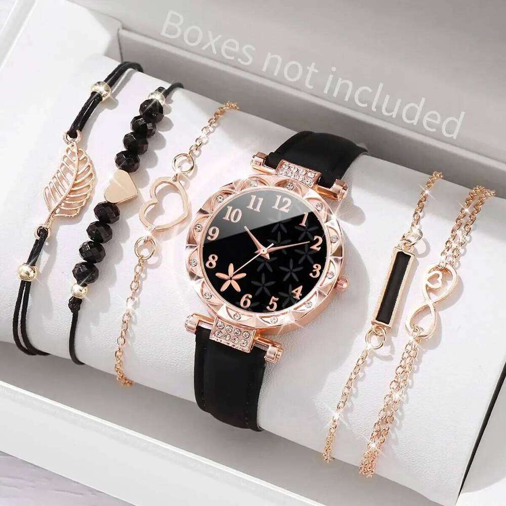6PCS/Set Women's Casual Flower Quartz Analog PU Leather Wrist & s H260228