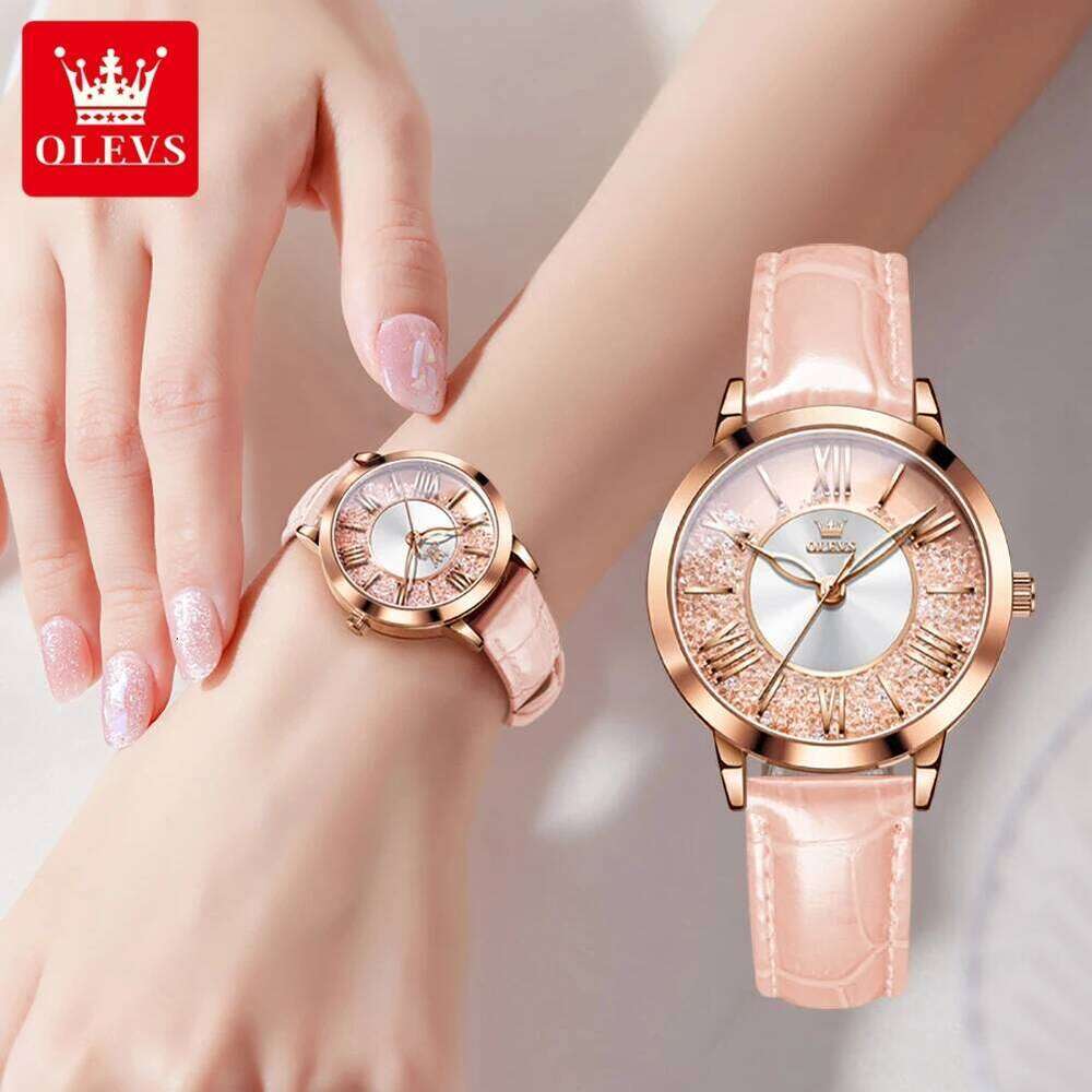 OLEVS 5539 Quartz Woman Flowing Crystal Design Roman Numeral Scale Ladies Wrist Leather Strap Waterproof Womens H260228