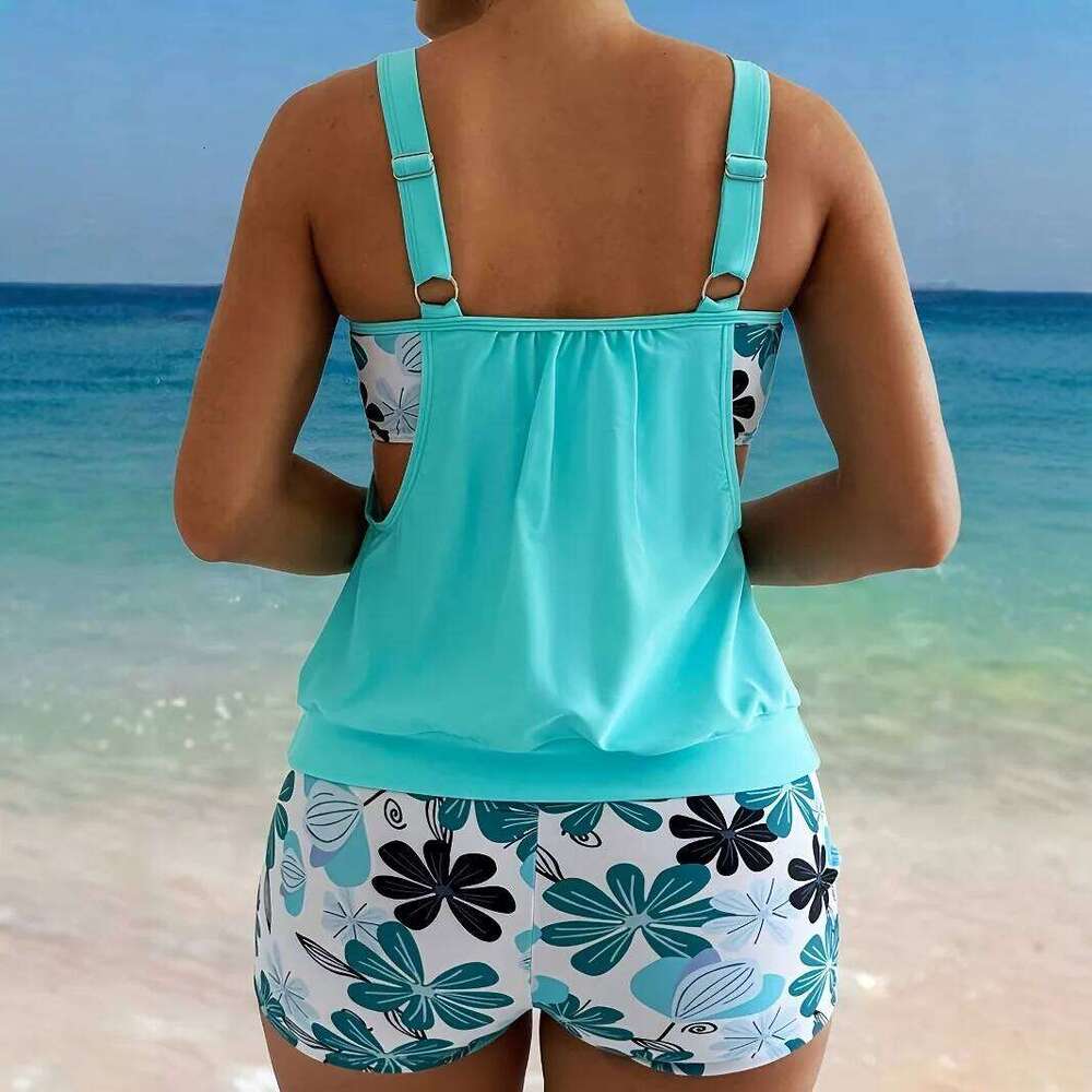 2025 Blue Bikini Set Women's Colorful Print Two Piece Outfits Swimwear High Waist Swim Sexy Beach Bathing Suit Summer Z260301