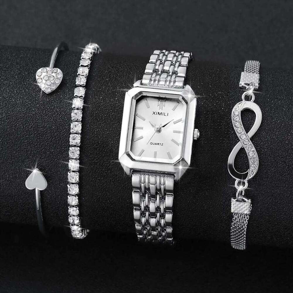 4PCS Fashion Rectangle Women es Luxury Stainless Steel Band Ladies Quartz Rhinestone s Set Reloj Mujer H260228