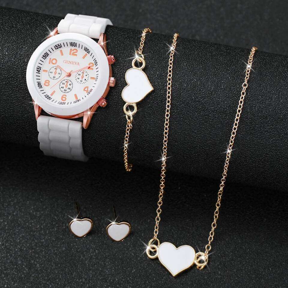 4pcs/set Geneva Fashion Silicone Band Women Quartz es Heart Jewelry SetWithout Box H260228