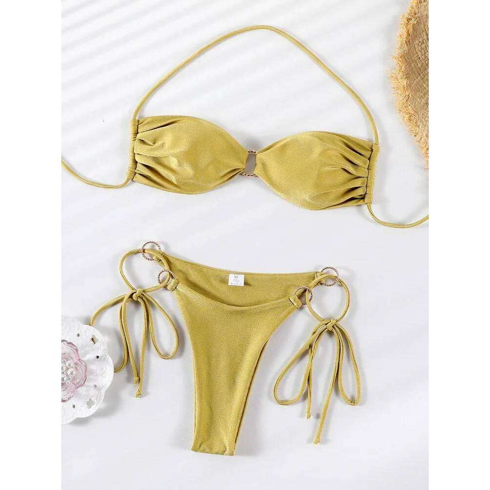 Solid Color Bikinis Swimwear Women Halter Bikini Set Shiny Swimsuit Push Up Bathing Suits Bandage Beachwear Thong Z260301