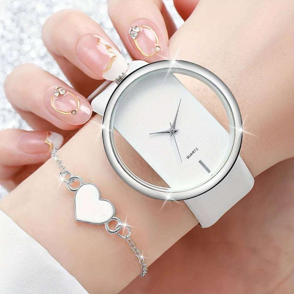 2PCS/Set Women's Hollow Out Fashion Quartz Analog PU Leather Wrist with Heart H260228